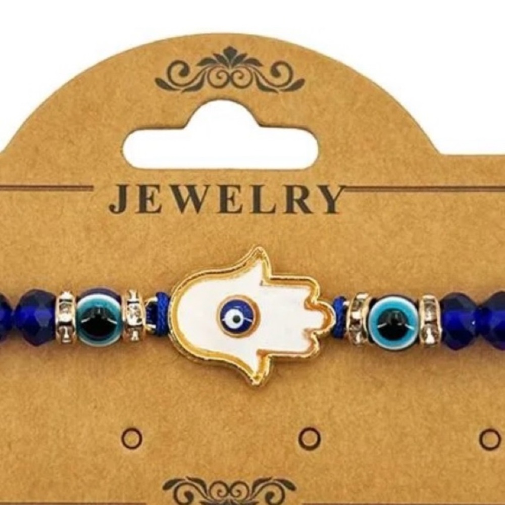 BRACELET Evil Eye Beaded Blue White Metallic Gold Adjustable Faux Rhinestones - Picture 2 of 7